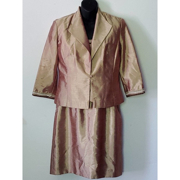 KM Collections by Milla Bell Formal 2 Pc Dress Set Gold Brocade Knee Length Sz 6 - Picture 1 of 14